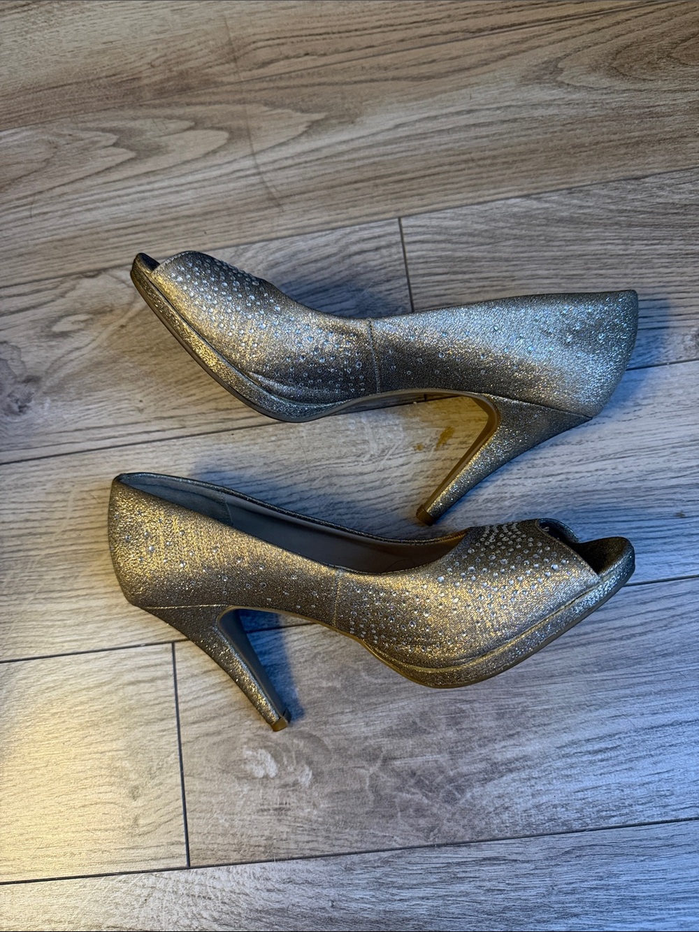 Andrew Geller Glitter Peep-Toe Heels in Gold